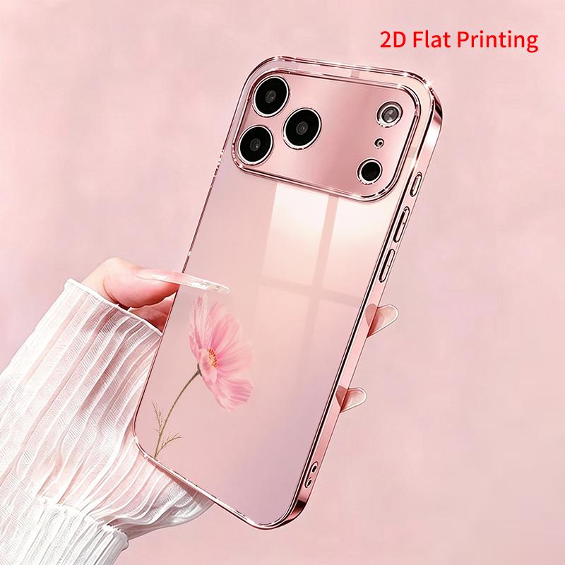 2DFlat electroplated tempered glass phone case,Pink Cosmos Flower on Soft Gradient Background,suitable for iPhone 18 Pro Max 17 16 15 14 13 12 11