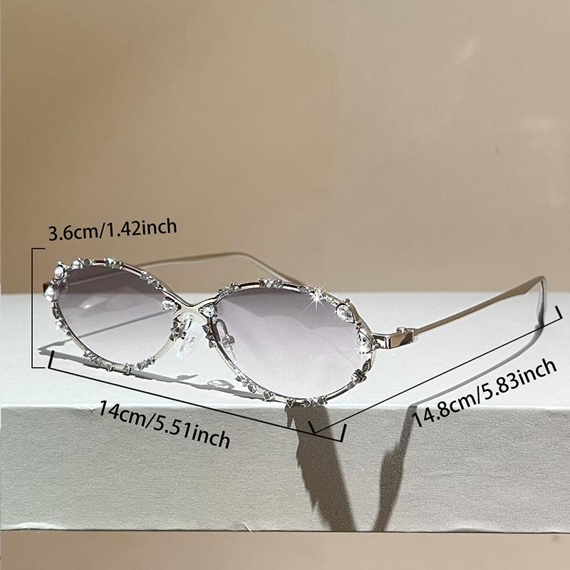 KAMMPT Vintage Oval Sunglasses with Rhinestones Women Fashion Retro Metal Rim Decor Shades New Trendy Elegant Casual Sun Glasses