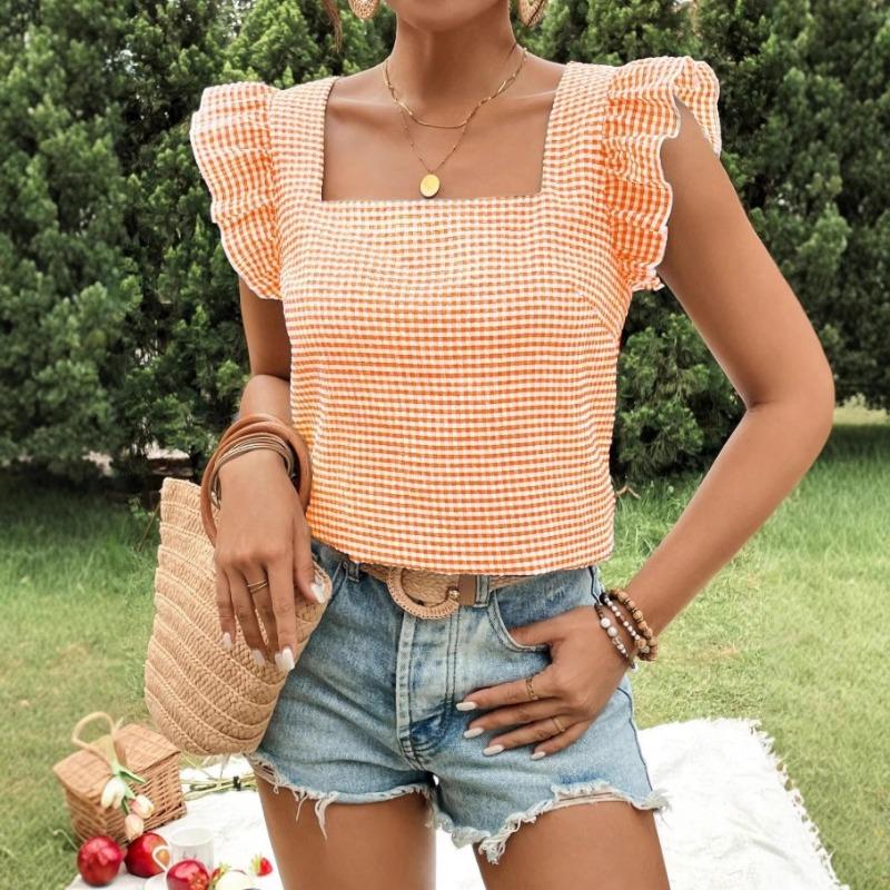 Top camicetta estiva da donna a maniche corte, nuovo, a quadri, con scollo quadrato e volant, casual