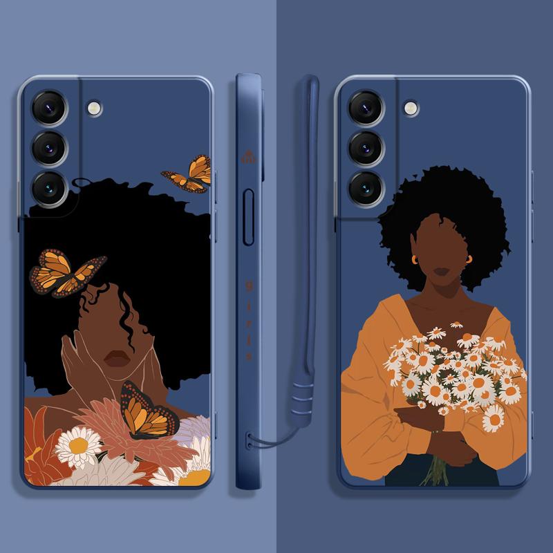 Pretty African Girl Daisy Flower Butterfly Liquid Case For Samsung Galaxy S22 S21 S20 Fe Ultra S10 S9 S8 Plus S10e Note 20 Lite