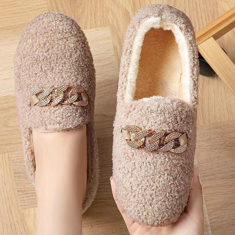 A piece of piled and thickened beanie shoes, women's lazy home shoes with one foot, warm flat-bottomed fluffy cotton shoes