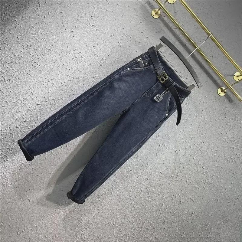 Blue High-Waist Stretch Velvet Harem Jeans for Women - Slimming, Loose-Fit Nine-Point Daddy Pants for Autumn/Winter 2023