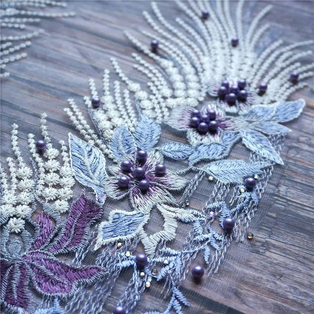 Fabric Flower Blue Red Lace Appliques Flower Tassel Beads Rhinestone Rhinestone Appliques Fabric Flower Appliques DIY Crafts