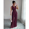 Women's Relaxed Fit Two Piece Pantsuit Sleeveless Blazer Top High Waist Wide Leg Trousers Solid Color Elegant Commuter Matching Outfit