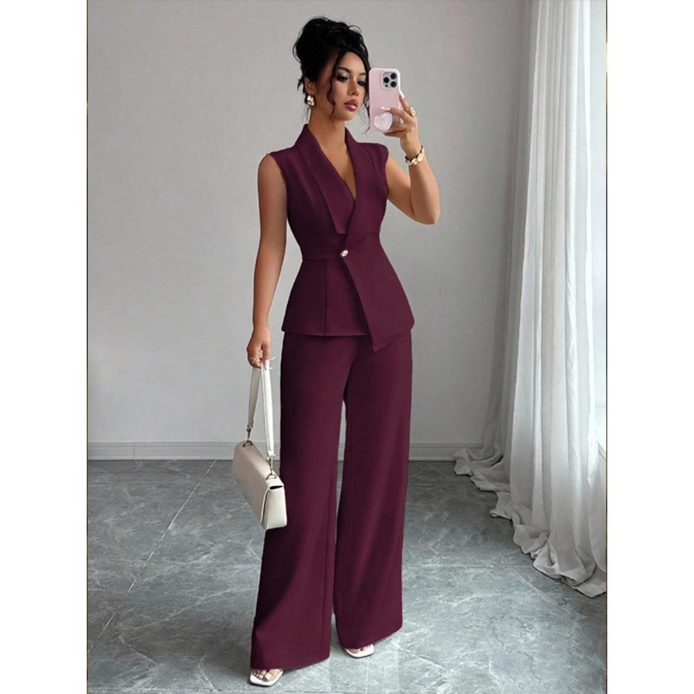 Women's Relaxed Fit Two Piece Pantsuit Sleeveless Blazer Top High Waist Wide Leg Trousers Solid Color Elegant Commuter Matching Outfit