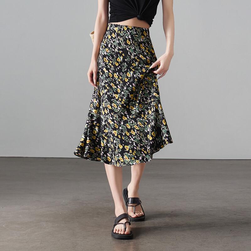SOFSIL Women's Black Floral Print A-Line Midi Skirt