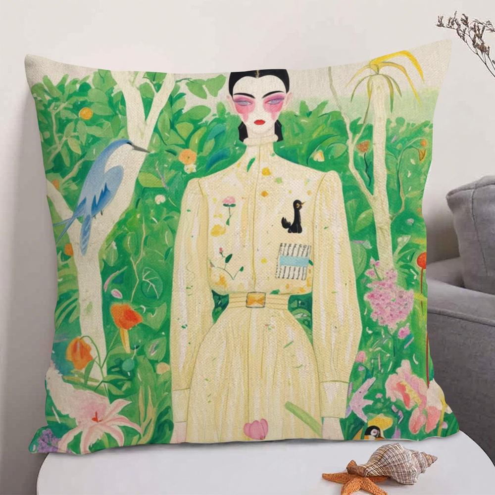 1PC Fashion Illustration Cushion Cover Natural Linen Organic Fabric DoubleSided Printing Sofa Home Decor Gift Pillow Case