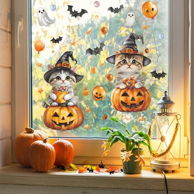 Halloween Cartoon Niedliche Katze Kürbis Fledermaus Glasfenster Heimdekoration Statische Fensteraufkleber