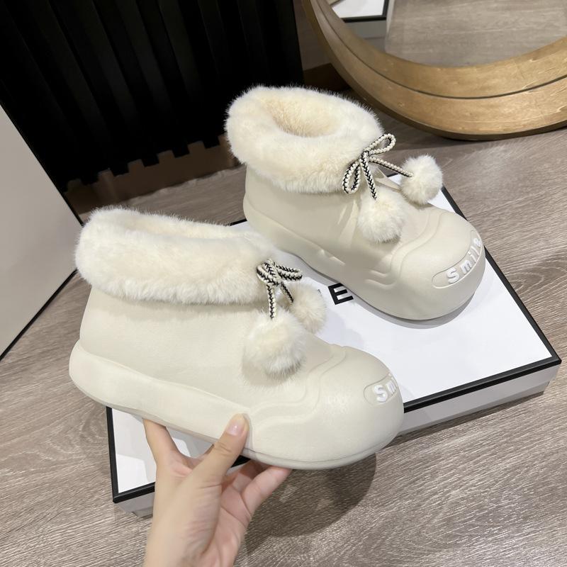 

Модные зимние пушистые тапочки женские из искусственного меха с помпоном, ботильоны до щиколотки, уличные водонепроницаемые теплые хлопковые туфли с круглым носком, милые плюшевые слайды, зимние ботинки 40-41