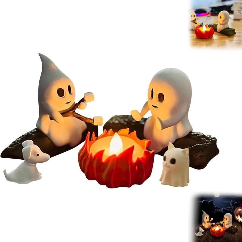 Ghost Campfire Gathering Flickering Nightlight 3D Printed Cute Ghost Ornaments Statues Bonfire Party Halloween Desk Decoration