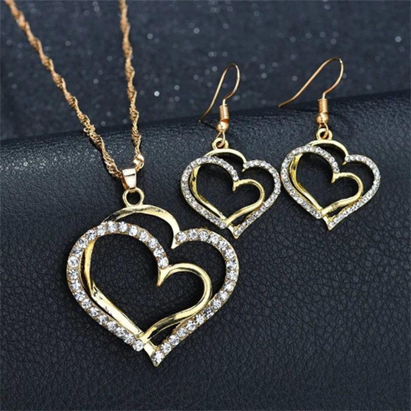 3 PCS Set Heart Shaped Jewelry Set of Earrings Pendant Necklace for Women Exquisite Fashion Rhinestone Double Heart Jewelry Set