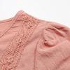 Women Casual Summer Short Sleeve V Neck Blouse Shirt Pink Cotton Linen