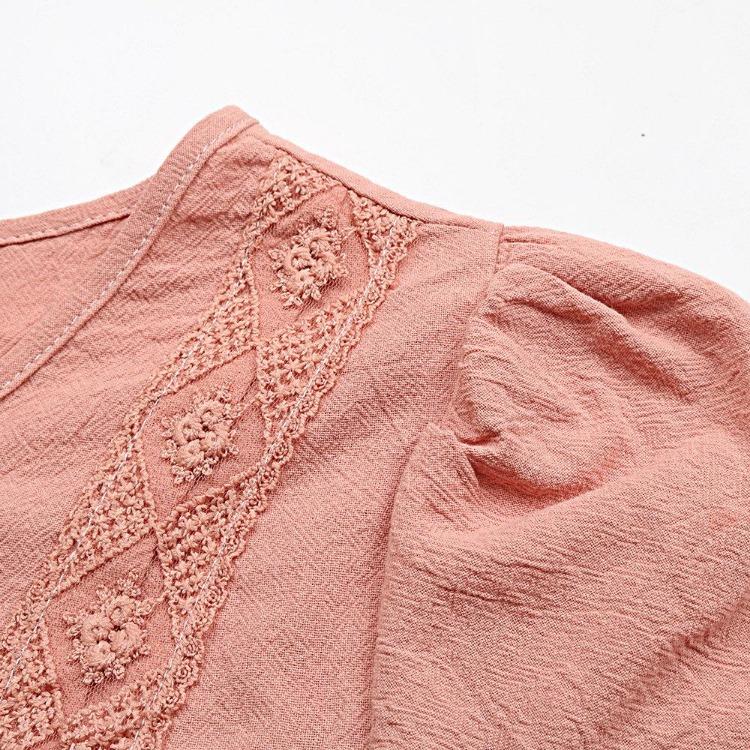 Women Casual Summer Short Sleeve V Neck Blouse Shirt Pink Cotton Linen