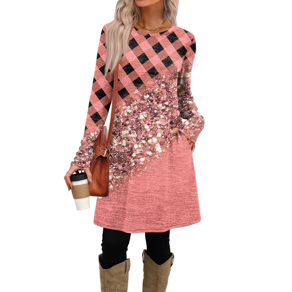 Women's Fashion Casual Dress With Pockets, Decorative Buttons, Round Neck And Long Sleeves