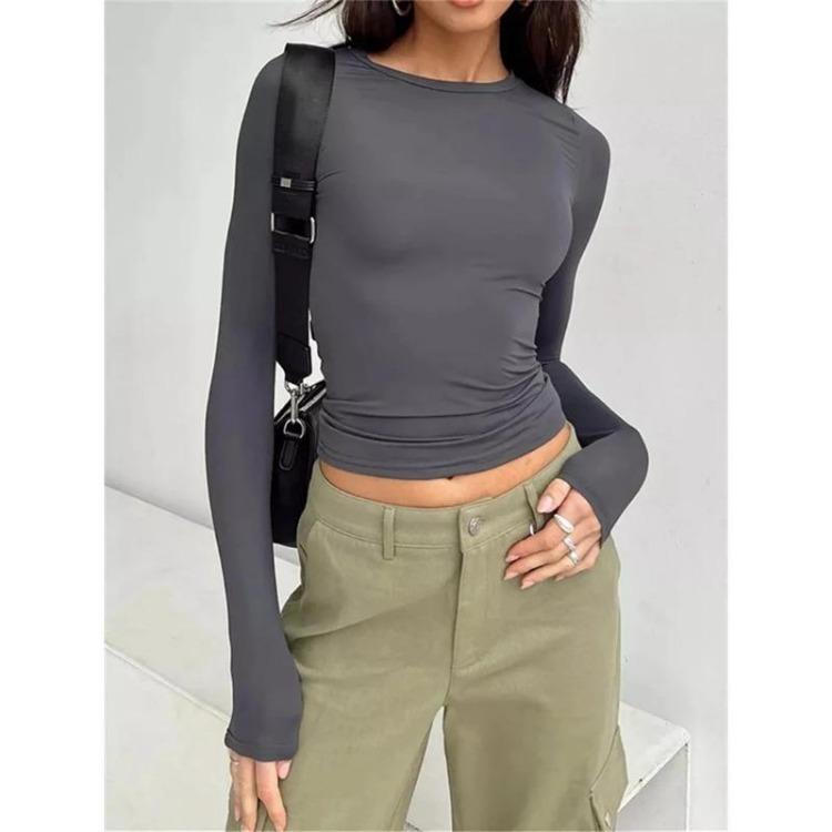 Autumn Fashion Slim Long Sleeve T Shirt Women Solid Color Round Neck Top Wear Inside or Outside