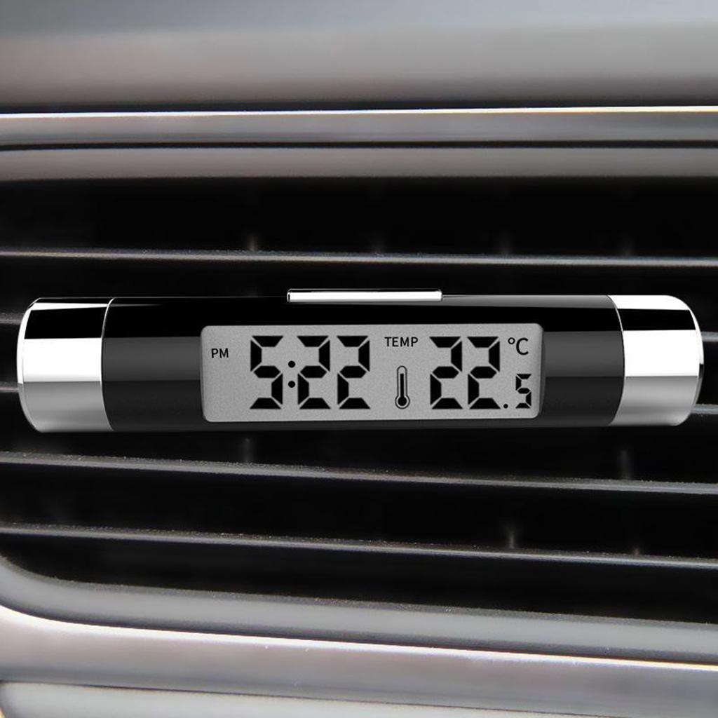 2 in 1 Car Clock Temperature Meter Gauge Air Outlets Clip on LED Digital Display Thermometer with Blue Backlight 12H