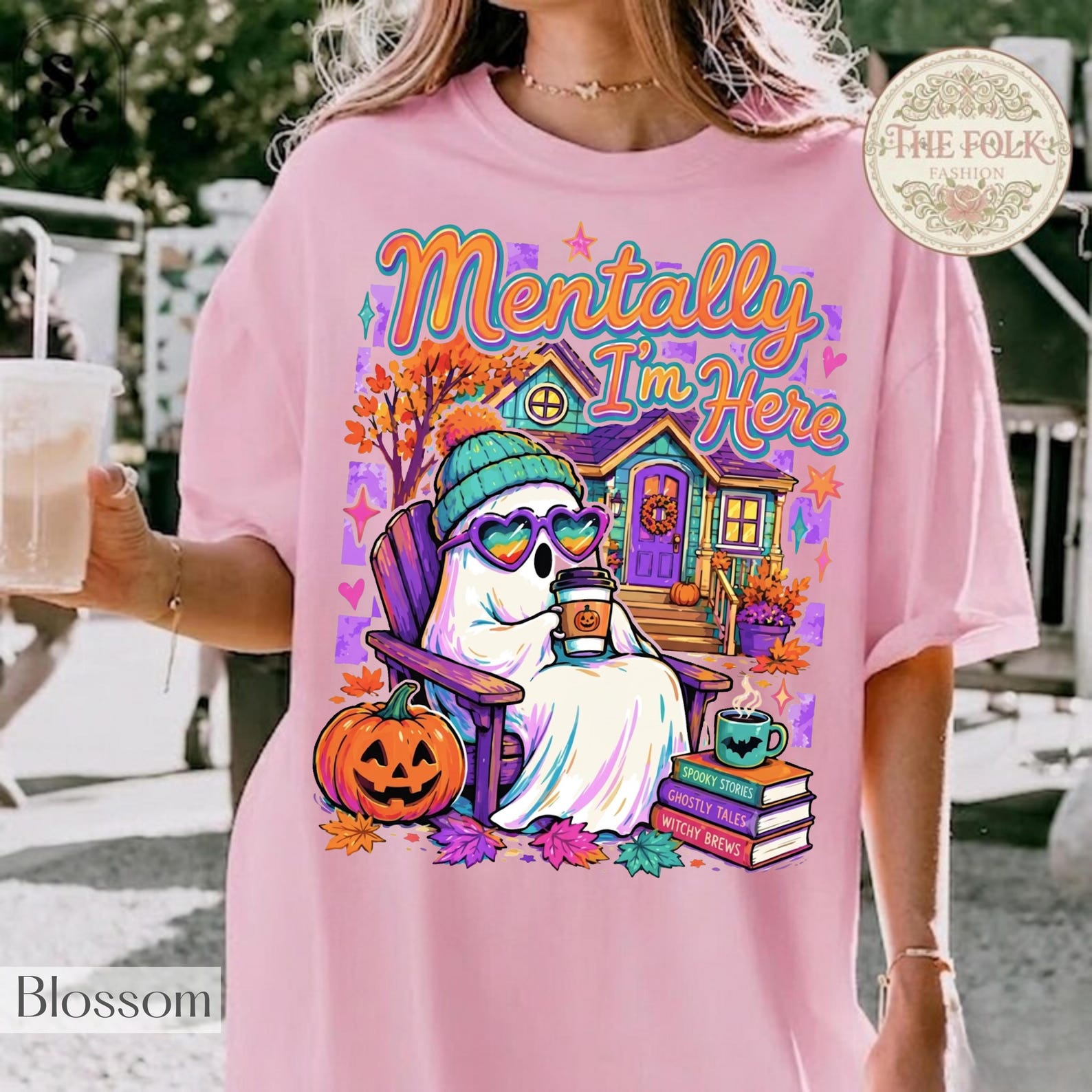 Mentally Im Here Shirt, Summerween T-shirt, Cute Ghost Coffee Tee, Fall Vibe Graphic Shirt, Spooky Season Shirt, Retro Fall Pumpkin Tee S
