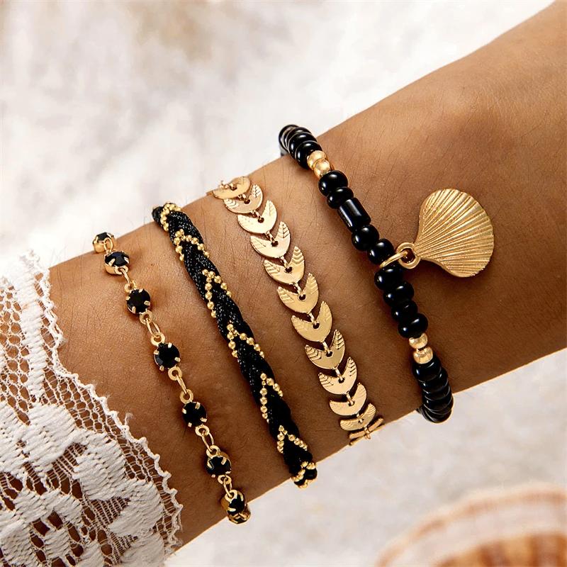 4pcs/set Bohemia Shell Bracelets for Women Ethnic Style Colorful Zircon Rice Beads Metal Chain Summer Beach Jewelry Accessories