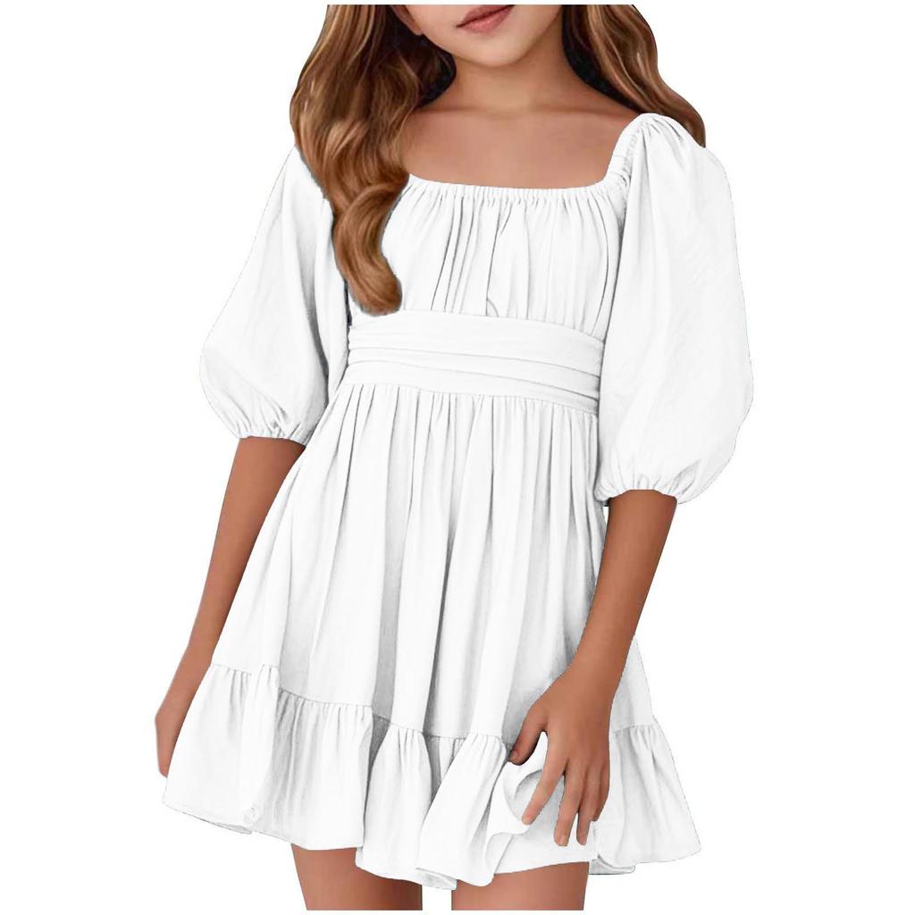 Summer Children's Ruffled Square Collar Lace-up Fashion Dress For Girls