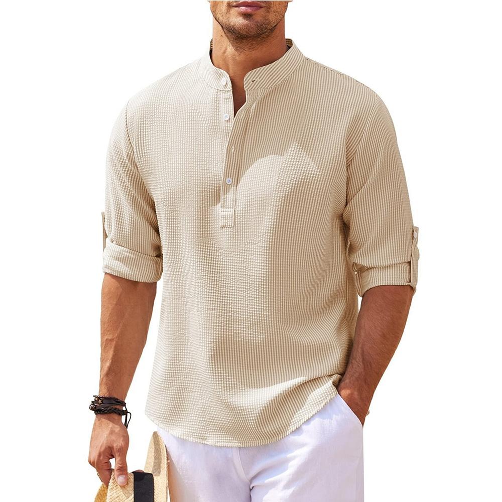 

Men s Casual Shirts Long Sleeve Solid Color Pineapple Grid Pattern Henry Neck Loose Sports Leisure Outdoor Fashion Wear M