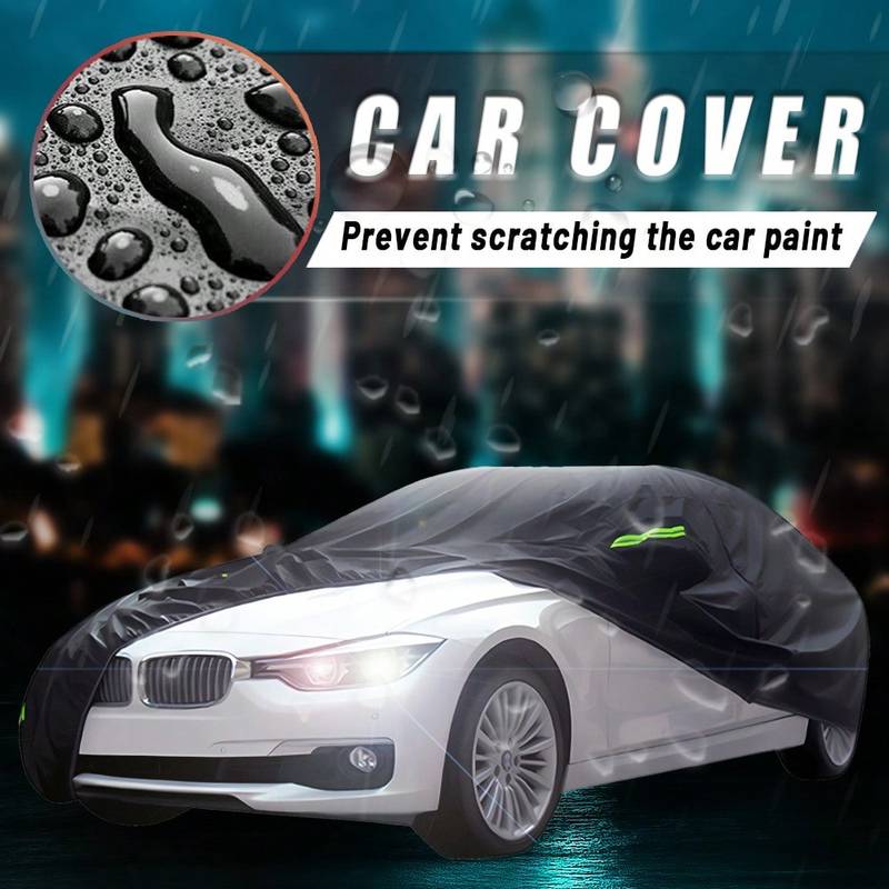 Premium Black 190T Car Cover with Reflective Strips, Dustproof Scratch Resistant Heavy Duty Protector for Sedan Hatchback SUV