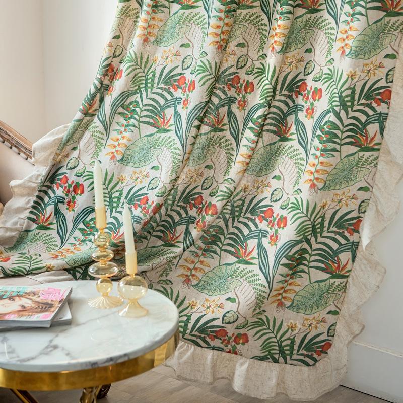 Light Luxury Green Plants Ruffle Edge Curtain Finished Wholesale Bedroom Kitchen Curtain Small Valance Bay Window Hook Curtains