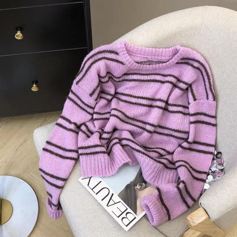 

Высококачественная новая женская одежда на весну и осень, ленивый стиль, розовый полосатый вязаный свитер-топ one size fits all розовый