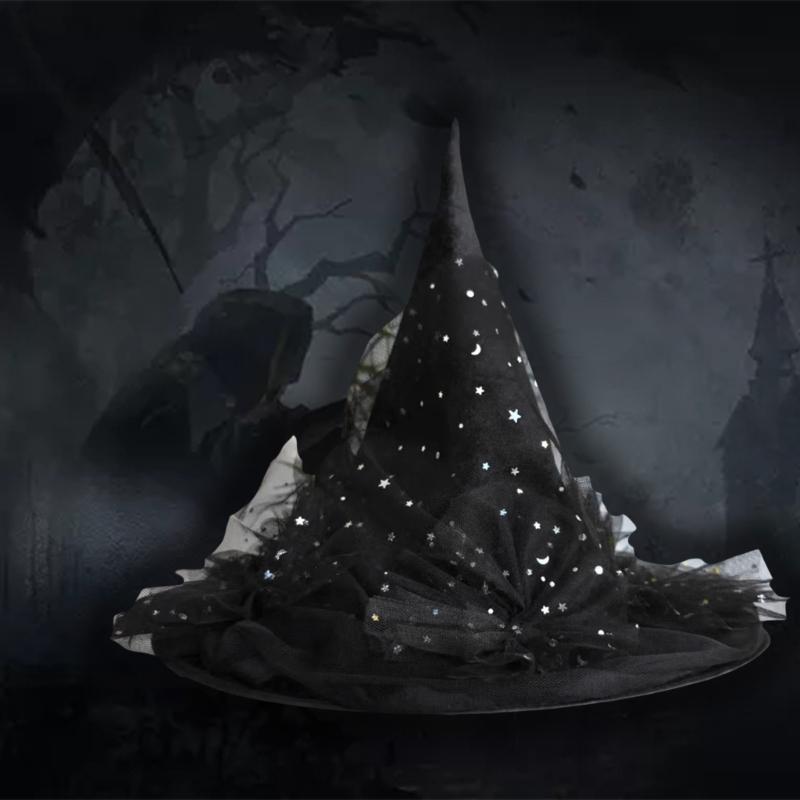 Halloween Party Tulle Sequins Witch Hats Party Wide Brimmed Pointed Hat Accessory Unique Witch Hat Conjurer Hat