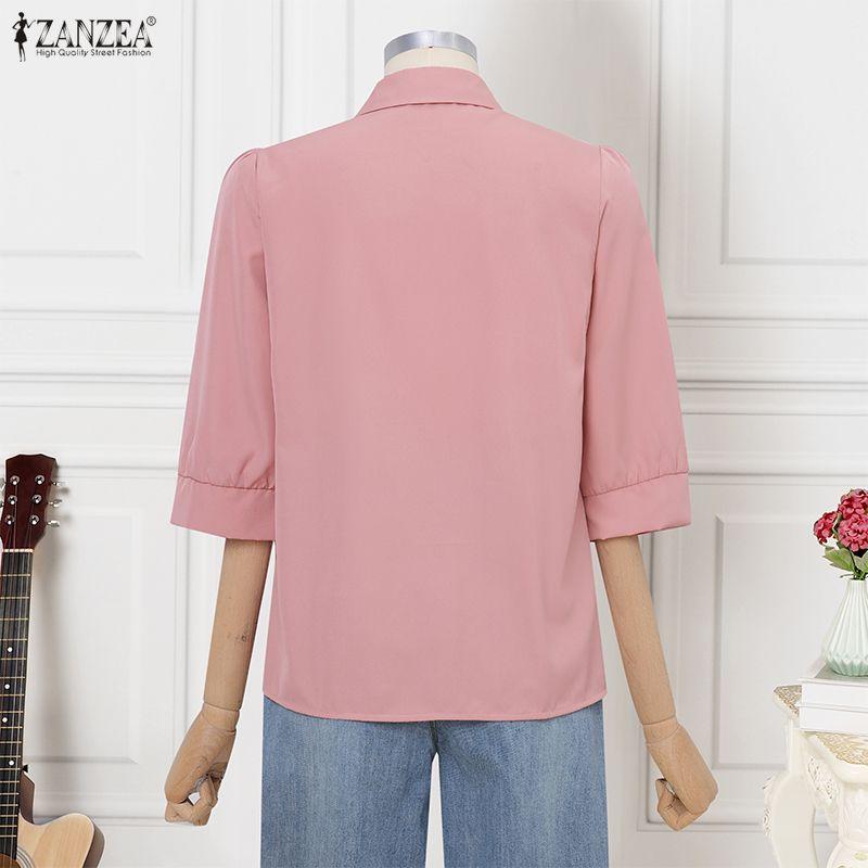 ZANZEA Women Casual Turn Down Collar Loose 3/4 Sleeve Blouse