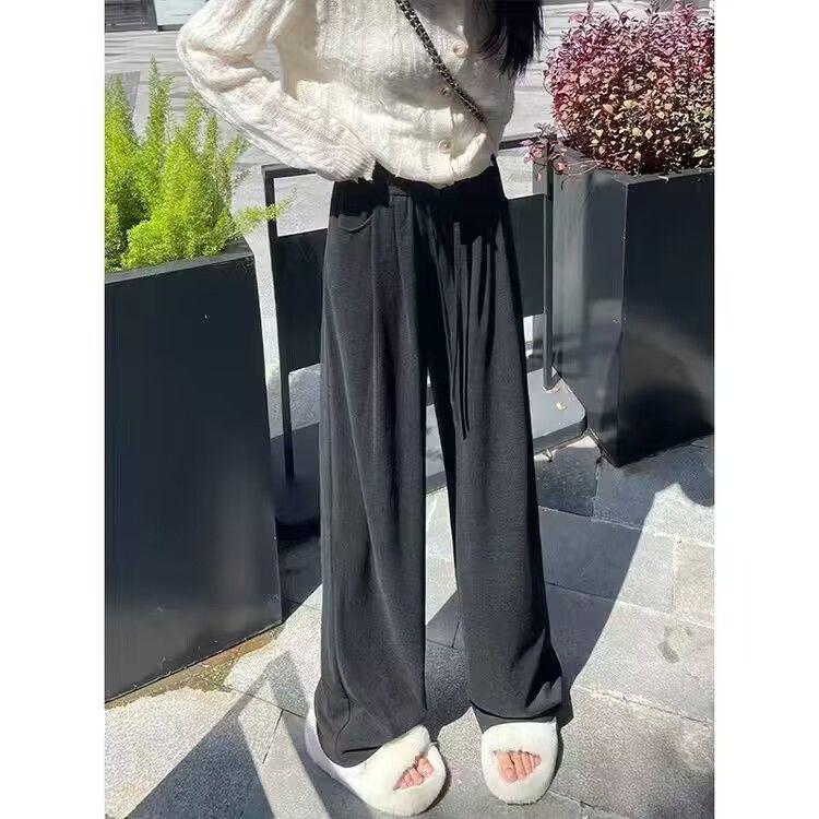 Petite Women's High-Waisted Velvet Pants: Thick, Glutinous Rice Texture, Casual, Slimming, Loose, Straight & Wide Leg, Floor-Length for Autumn/Winter.