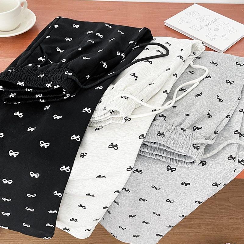 Bow Print Petite High-Waist Wide-Leg Walking Pants for Women