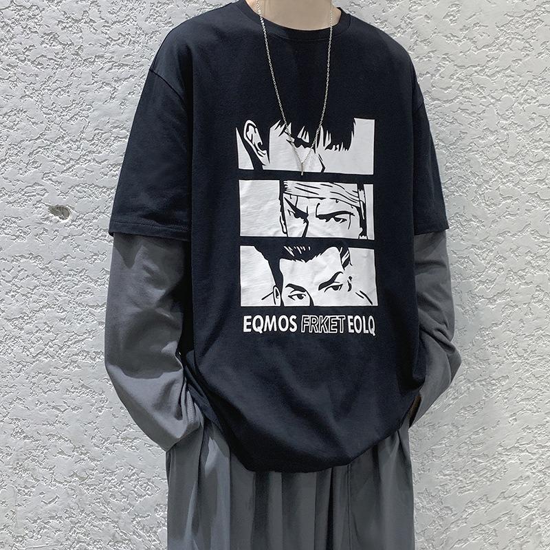 

Scione Fake Two Hoodies Loose Long sleeved T Shirts Men s Stitching Round Neck Anime Print Shirt Men s Clothes 3XL чёрный