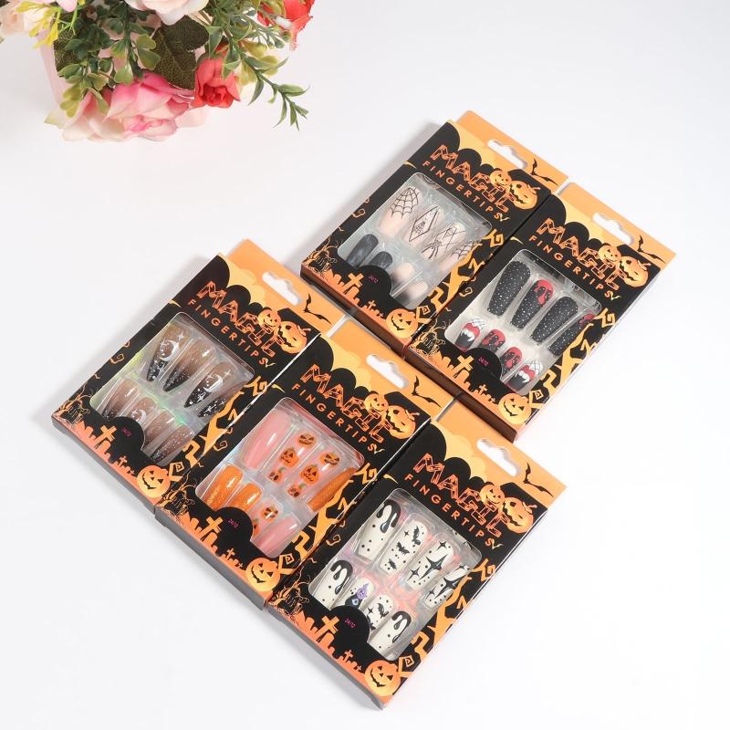 24Pcs Stiletto Fake Nails Coffin Nails Halloween False Nails Punk Full Cover Artificial Press On Nails for Women Girls