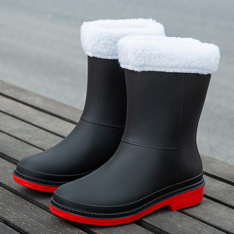 Waterproof rain boots medium tube velvet rain shoes women wear non-slip students warm rubber shoes wear-resistant work water shoes winter