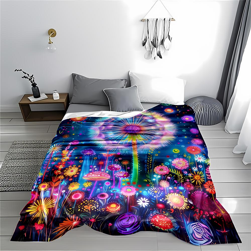 Colorful Dandelion and Flower Pattern Blanket with Starry Design Blanket, Suitable for Use In the Bedroom, Living Room, On the Sofa