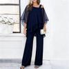 Women’s Chiffon Two Piece Set Wide Leg Pants and Layered Top Loose Fit Off Shoulder Outfit for Casual or Formal Wear