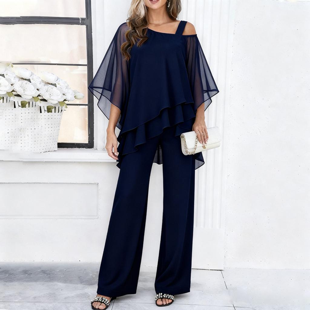 Women’s Chiffon Two Piece Set Wide Leg Pants and Layered Top Loose Fit Off Shoulder Outfit for Casual or Formal Wear