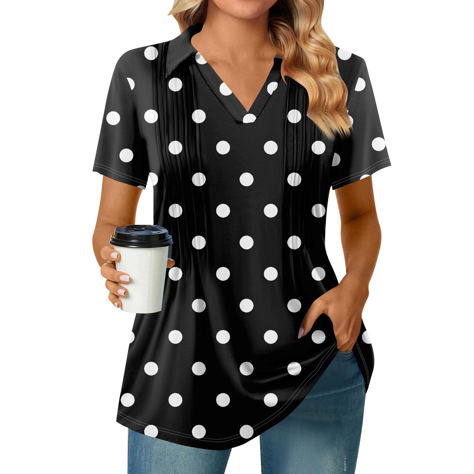 

Женские футболки с коротким рукавом, плиссированные, с V-образным вырезом, с принтом, с воротником, летние топы, модные, деловые, повседневные, рабочие S чёрный