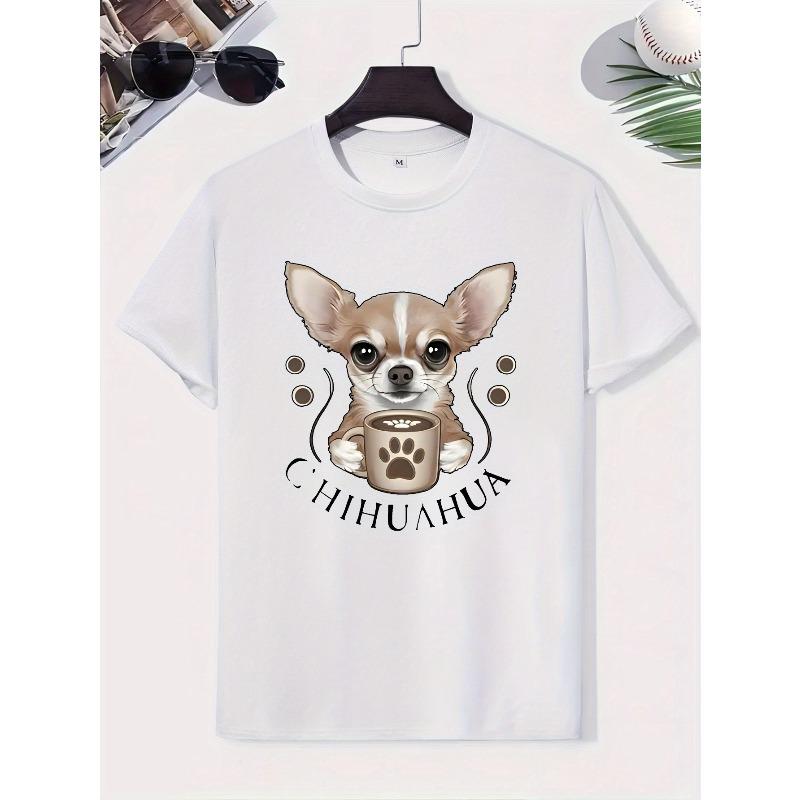 Men's Short-Sleeve T-Shirt with Chihuahua Print Logo - Casual Round Neck Summer Tee, Regular Fit Casual Wear for Men, Everyday Essential Top