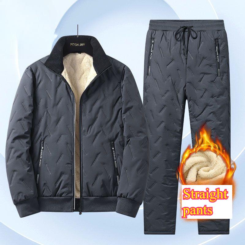 Men's  Winter Fleece-Lined Cotton Coat Set Cotton Trousers Lambswool Cotton Jacket Warm Coat Two-Piece Set