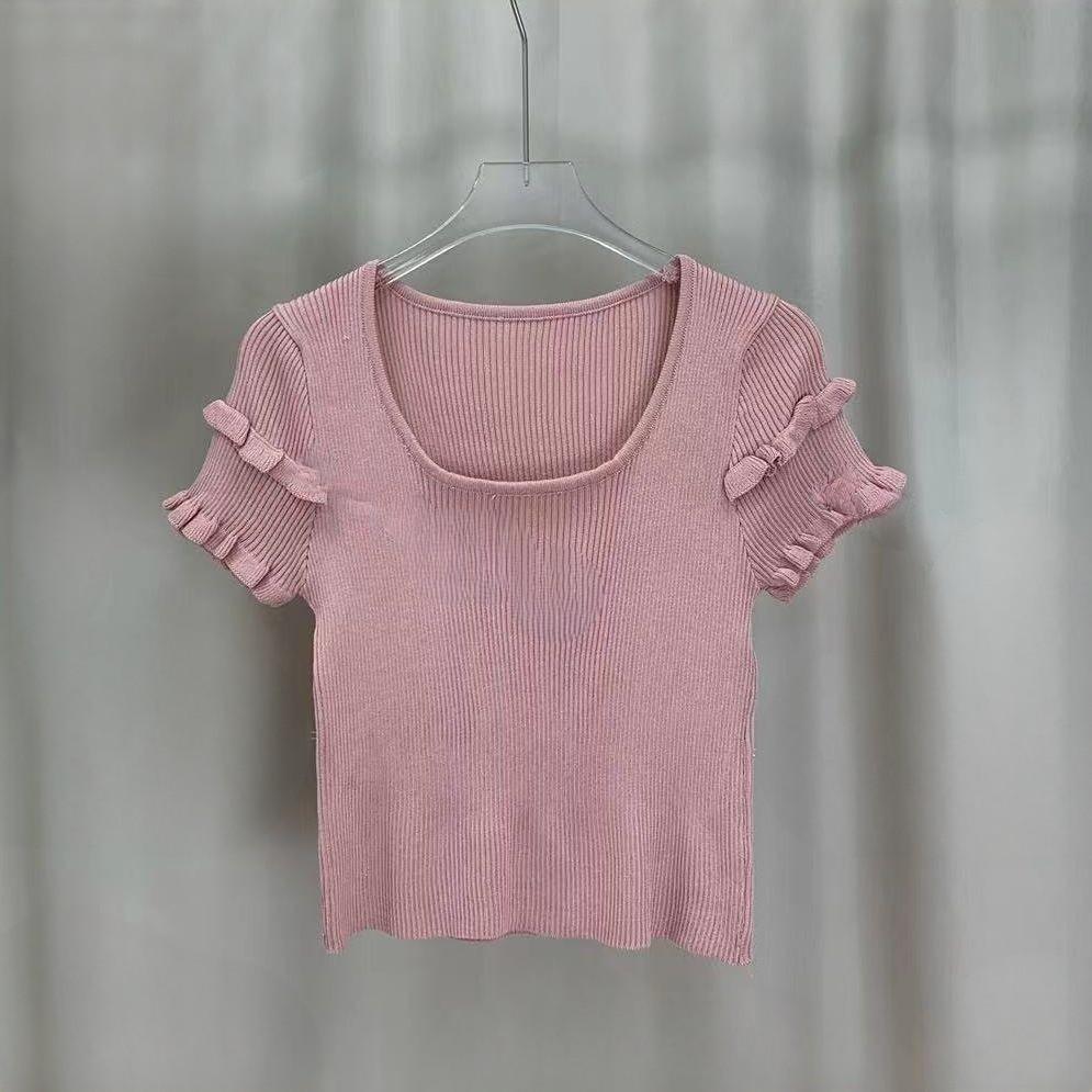 Fashion Summer Gentle Wind Round Neck Pullover Top Design Sense Double Layer Short Sleeve Knit Sweater Women Casual Essential Slim Fit Pullovers Tees