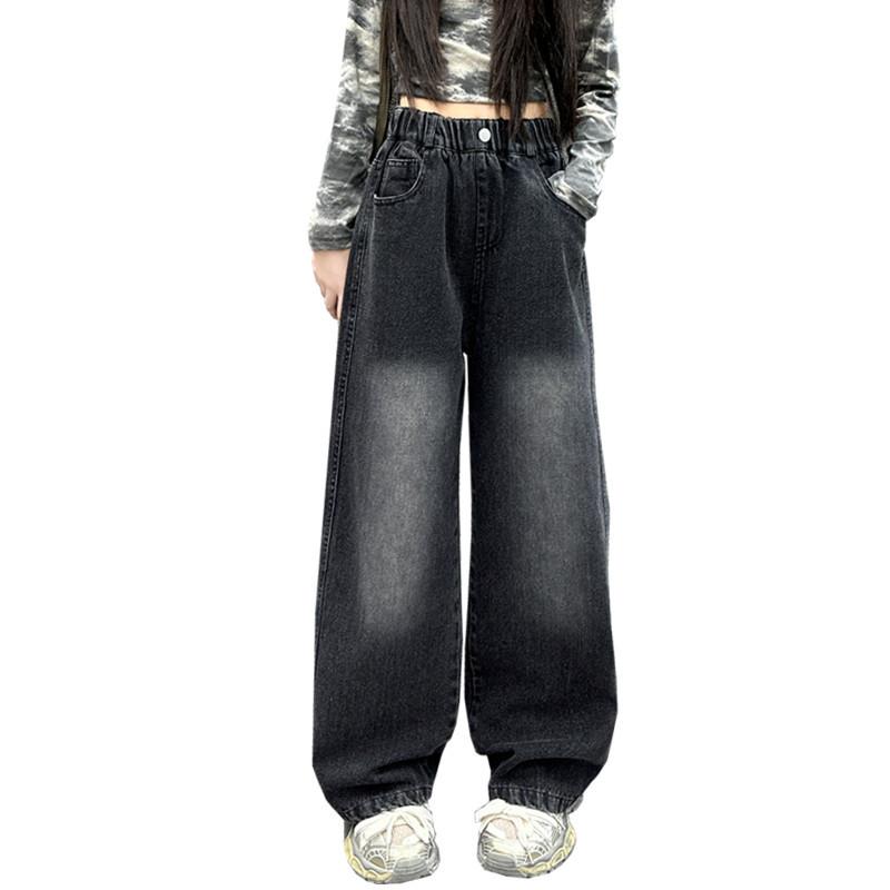 Jeans Neri Dritti Vintage per Bambina Adolescente Pantaloni in Denim Sfumato Casual Moda Bambini Jeans Pantaloni 4-14Y