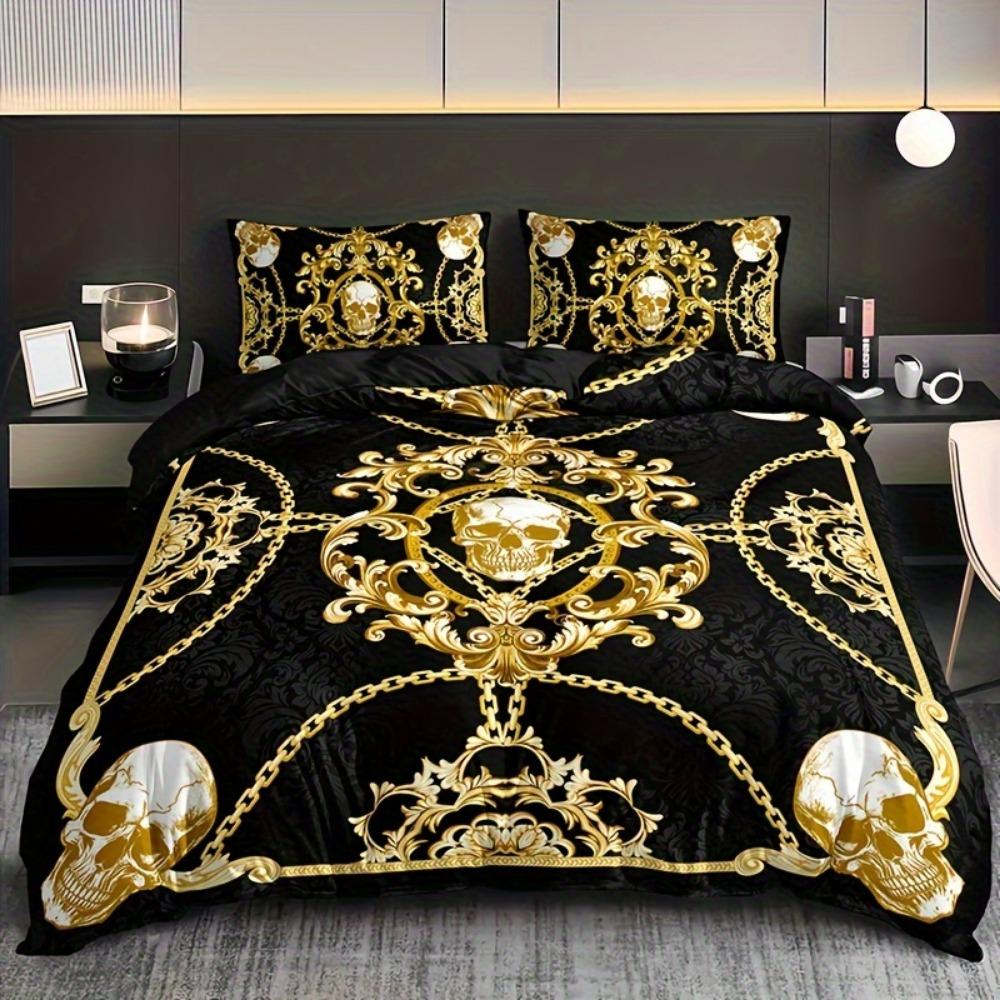 3pcs Black Bedding Set Gothic Style Skull Chain Printed Cozy Soft Duvet Cover King Queen Twin Size Birthday Gift Bedroom Decor