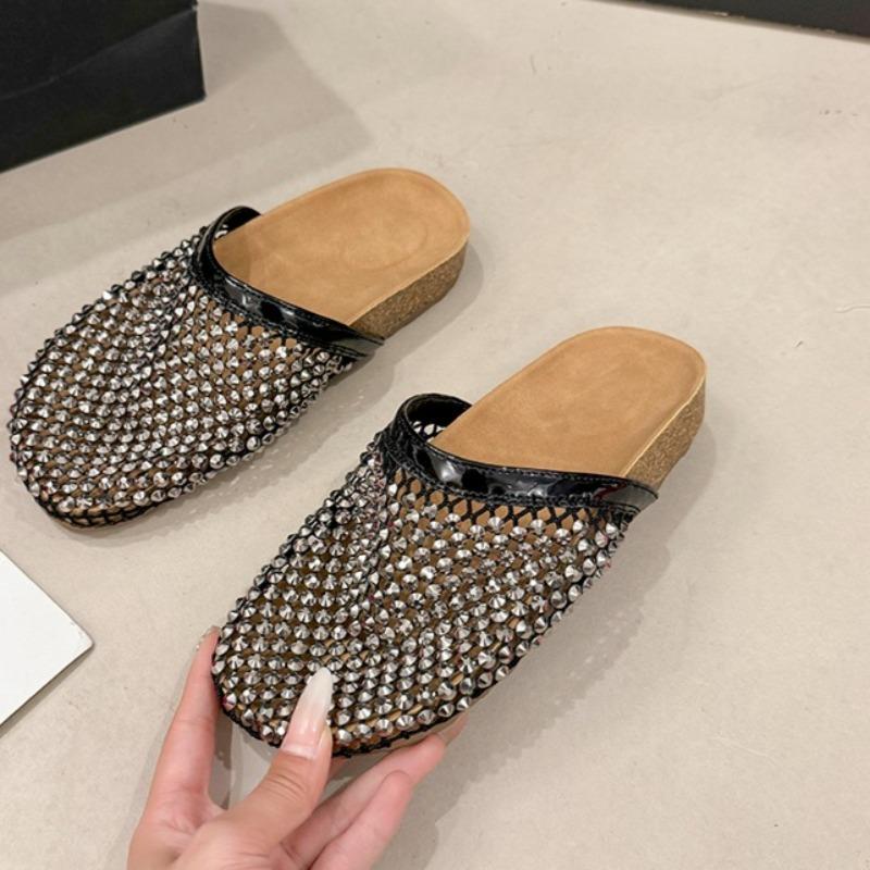 Fashion Crystal Mesh Breathable Toe Flip-flops for Women Fashionable Round-toed Anti-slip and Wear-resistant Flat Shoes