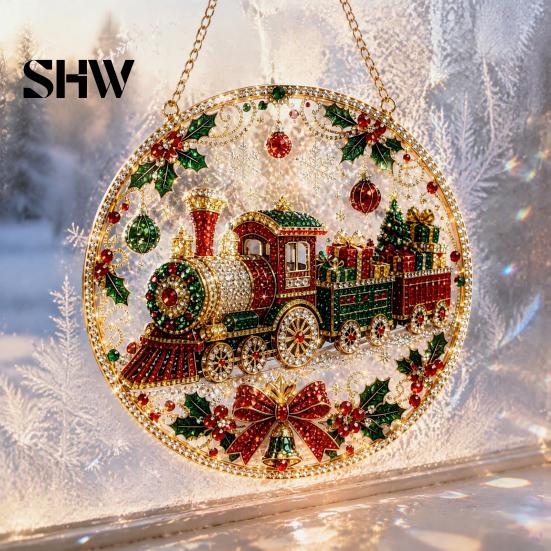 Christmas Faux Diamond Art Ornament Kit Kit, Santa Angel Sun Catcher DIY Acrylic Textured Bead Round Board, 3D Craft for Adults, Festive Window