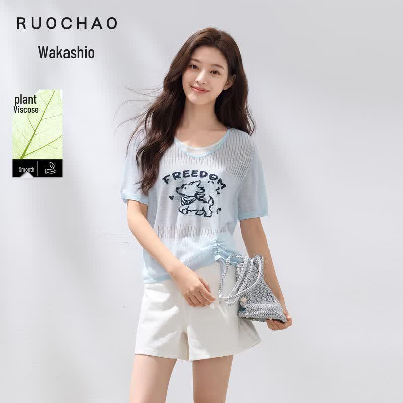 Women s Plus Size Puppy Print Faux Two-Piece Knit Top M