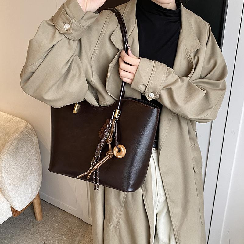 Bright PU Leather Big Tote Bag Set For Women 2-IN-1 Solid Color Shoulder Bags With Pendant Vintage Large Capacity Shopper Totes