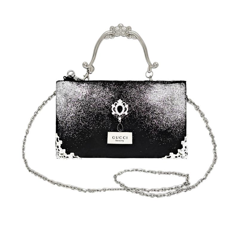 Косметичка Gucci в стиле DIY, золотисто-серебряная резьба, цепочка, рельефный драгоценный камень, резьба, элегантная Золотисто-серебряная резьба чёрный