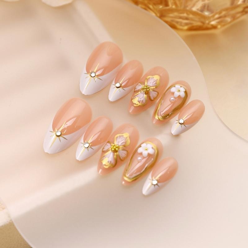 Elegant Acrylic False Nail Almond Shape with Floral Pattern and Gold Detail Stick On Nail for Manicure 24 Pieces