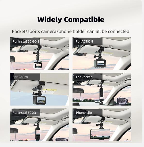 BRDRC Držák sluneční clony do auta pro Insta360 X3/Pocket 3/GoPro Hero 12 11 10 9 8 7/Akční kamera Příslušenství k chytrému telefonu